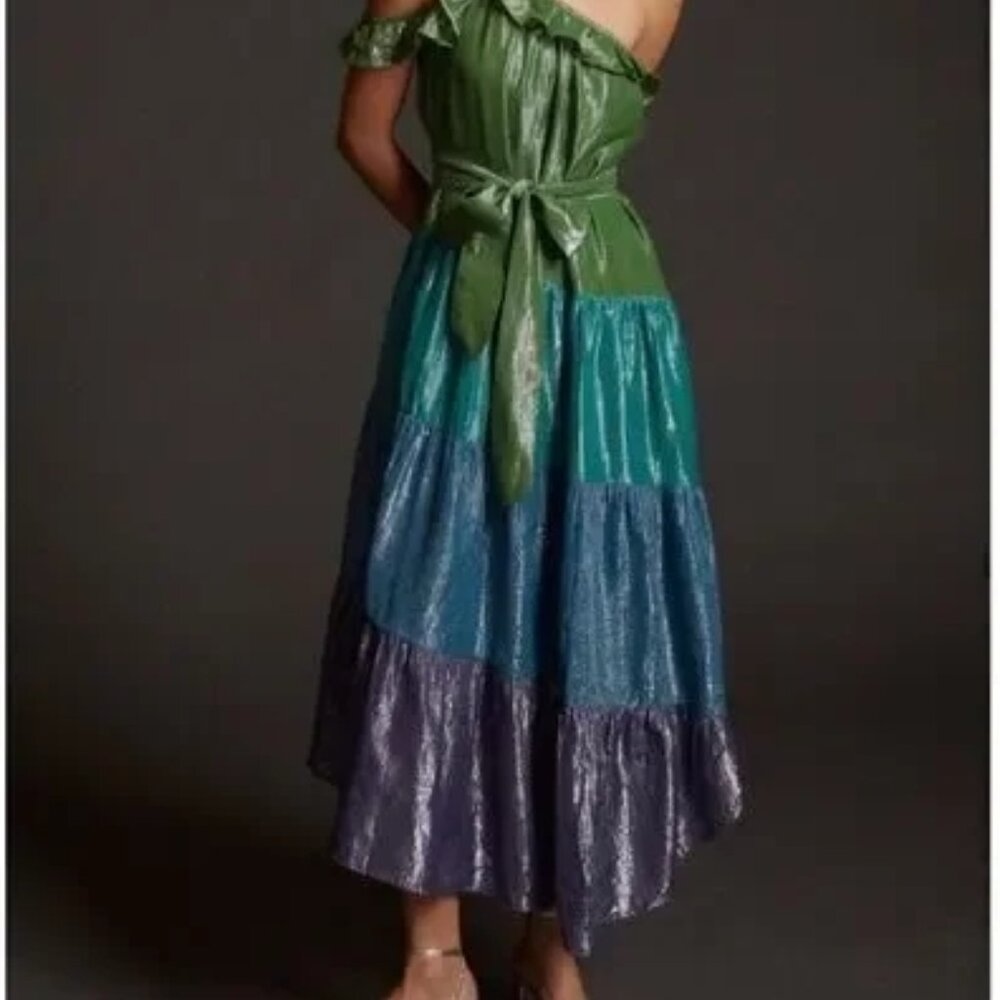 Anthropologie Maeve Metallic Ruffled One-Shoulder Midi Dress